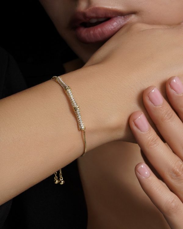 IMG_3881 دستبند استخوانی فول نگین | Crystal Bar Gold Bracelet - تصویر 1